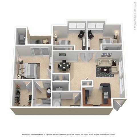 Floor plan for 3 beds, 2 baths, 1233 sqft